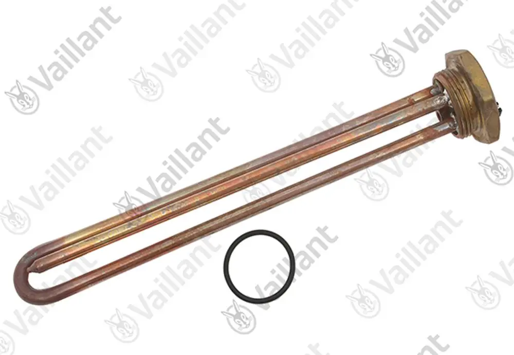 Vaillant Heizstab mit zwei Kupferrohren und einer Metallbasis, ergänzt durch einen O-Ring für die Installation, zur Verwendung in Heizsystemen.